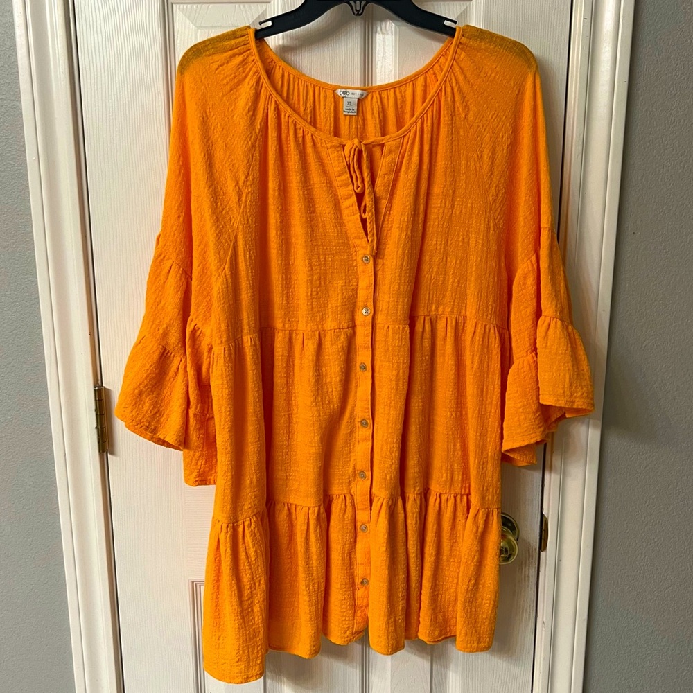 Cato Womens 💯 Cotton Blouse-Size XL-Orange, Ruffle, Tie string